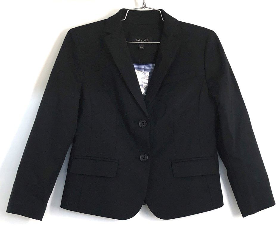 Talbots Women's Black 2-Button Blazer Gingham Lining NWT Sz 2 Career Suit Jacket