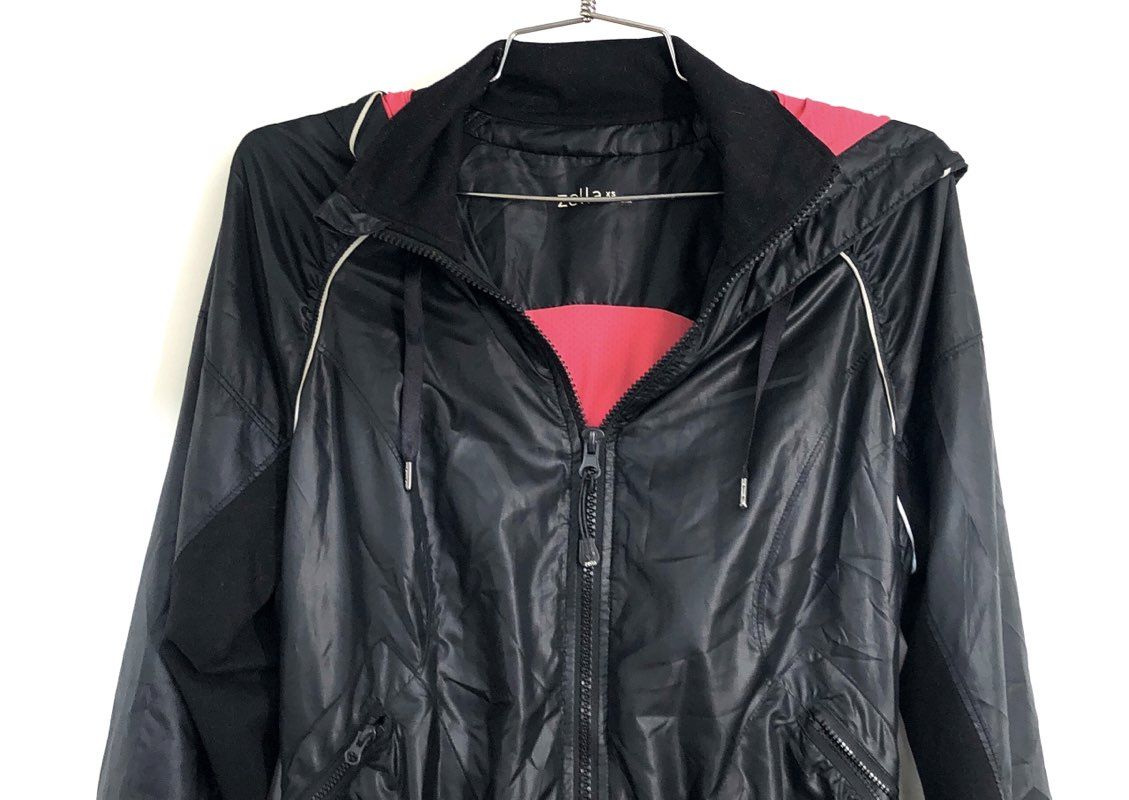 Zella Women's Black Hooded Peplum Running Jacket Pink Accents Thumbholes Sz XS