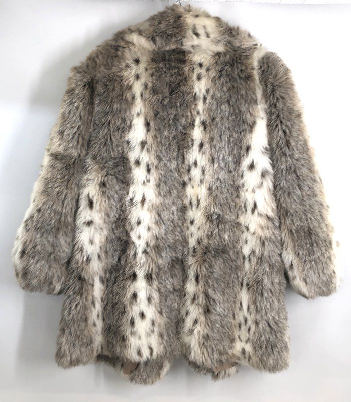 Lady Suzette Women's Faux Fur Coat Grey Tan Spotted Vintage 70s Made in USA