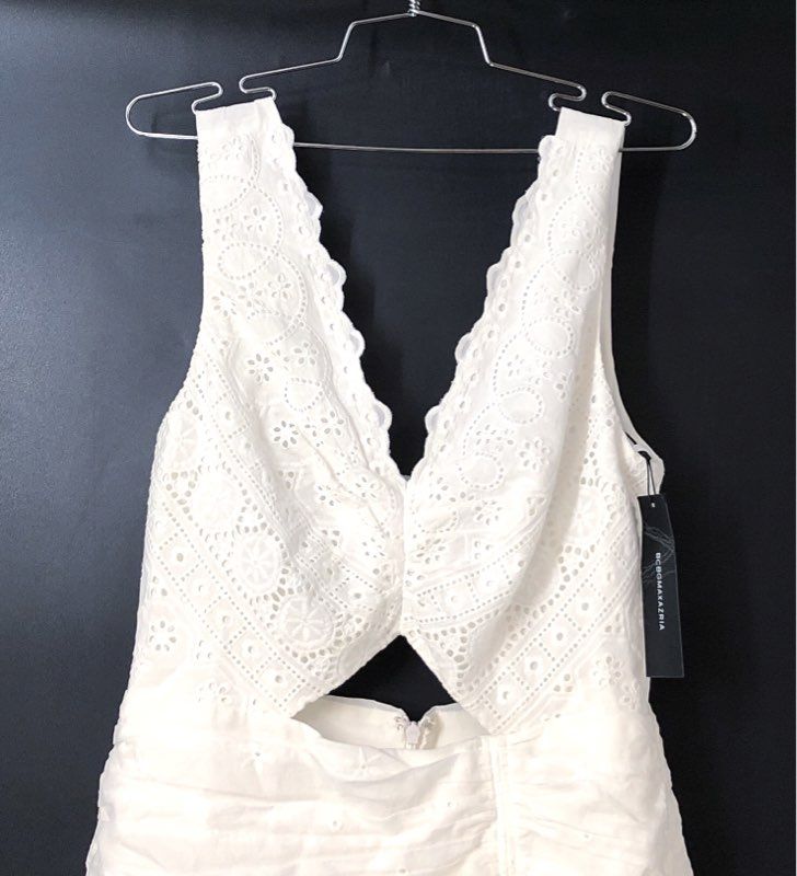 BCBGMAXAZRIA Women's Off White Eyelet Cutout V-Neck Midi Dress Sz 12 NWT