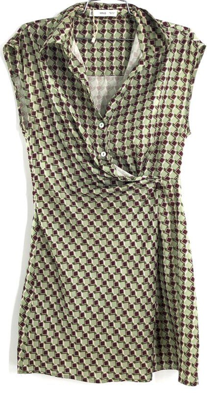 MNG Women's Green Brown Geometric Print Sleeveless Draped Front Dress Sz 4