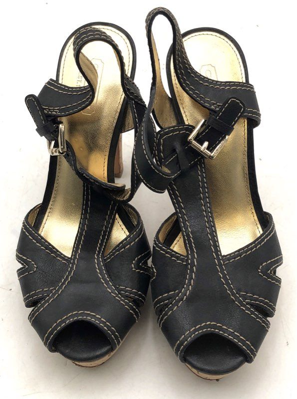 Coach Black Leather T-Strap Cork Platform Block Heels Women's Size 7B