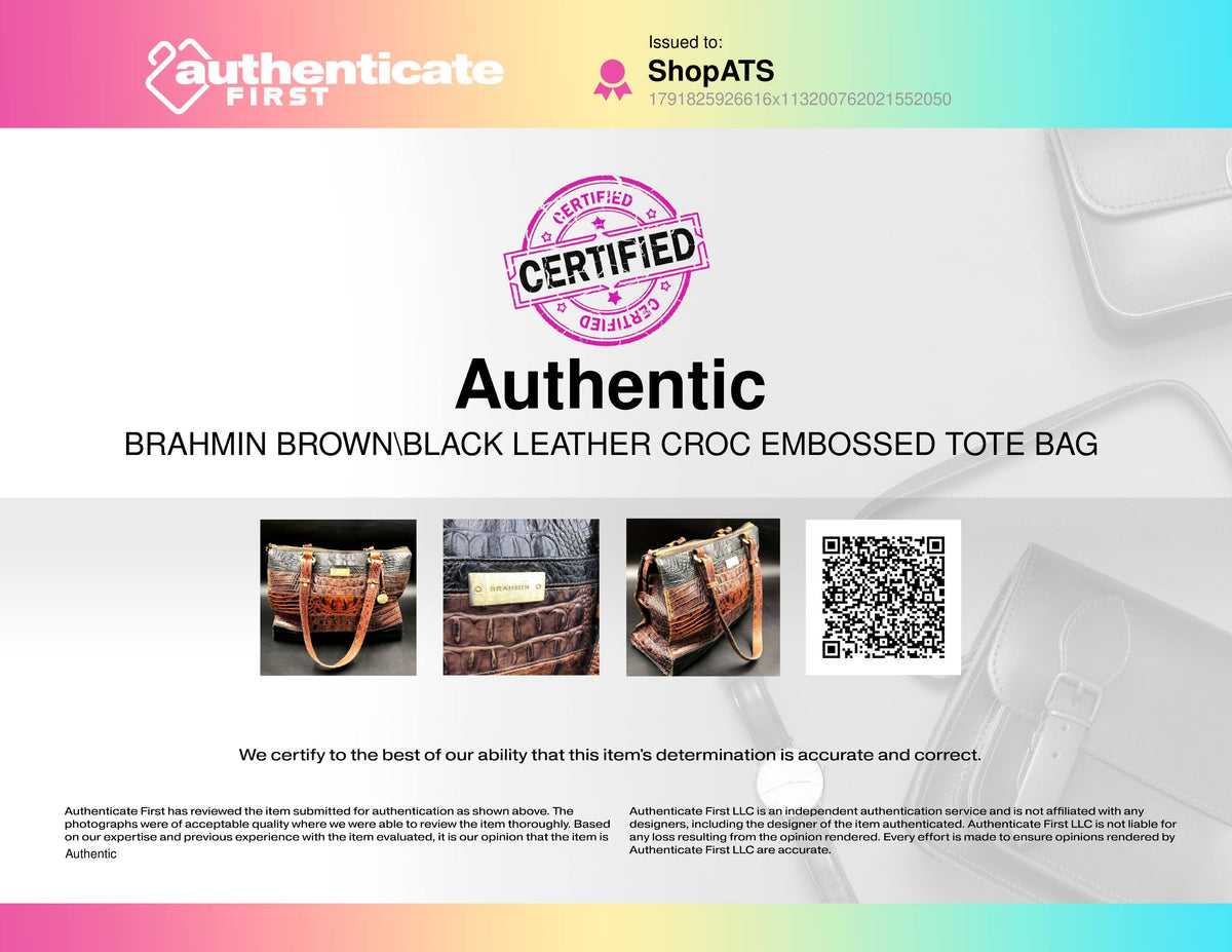 Brahmin Vintage Brown Black Croc Embossed Leather Tote Bag COA