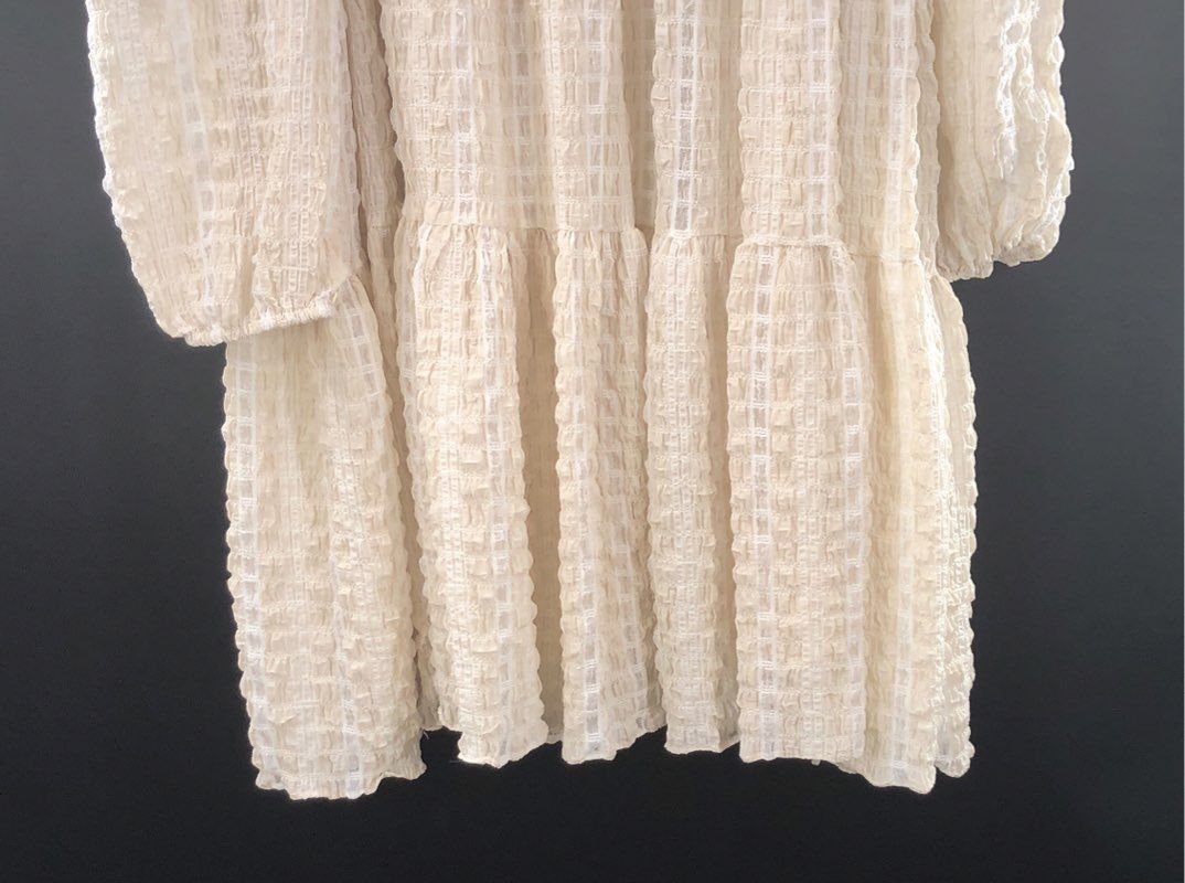 English Factory Women's Cream White Plaid Smocked Tiered Puff Sleeve Dress Sz 1X