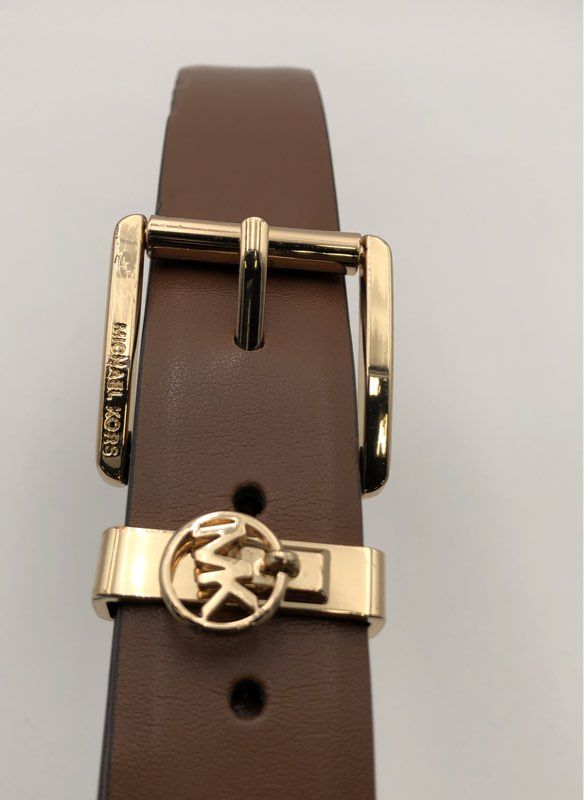 Michael Kors Women's Belt Brown Genuine Leather Gold Tone MK Logo Charm Size L