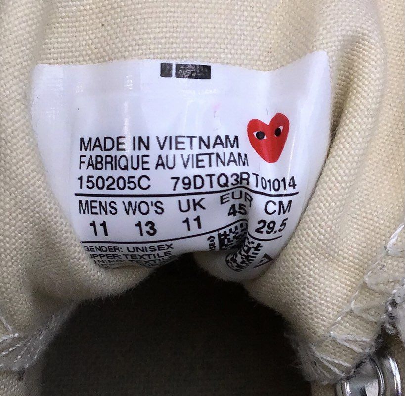 Comme des Garcons PLAY Converse Off White Chuck 70 High Sneakers Men's Size 11