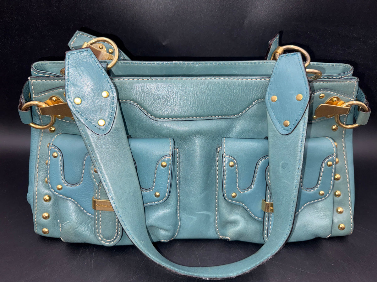 Michael Kors Blue Leather Studded Satchel Shoulder Bag Gold Hardware COA