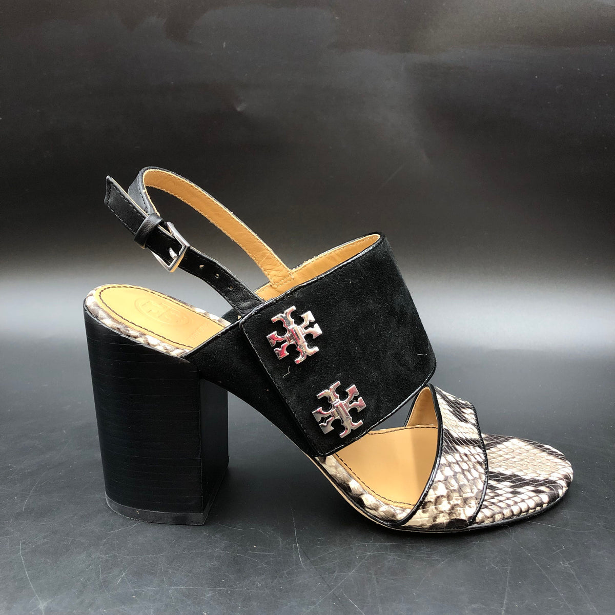 Tory Burch Black Suede Snakeskin Block Heel Sandals Size 7 COA