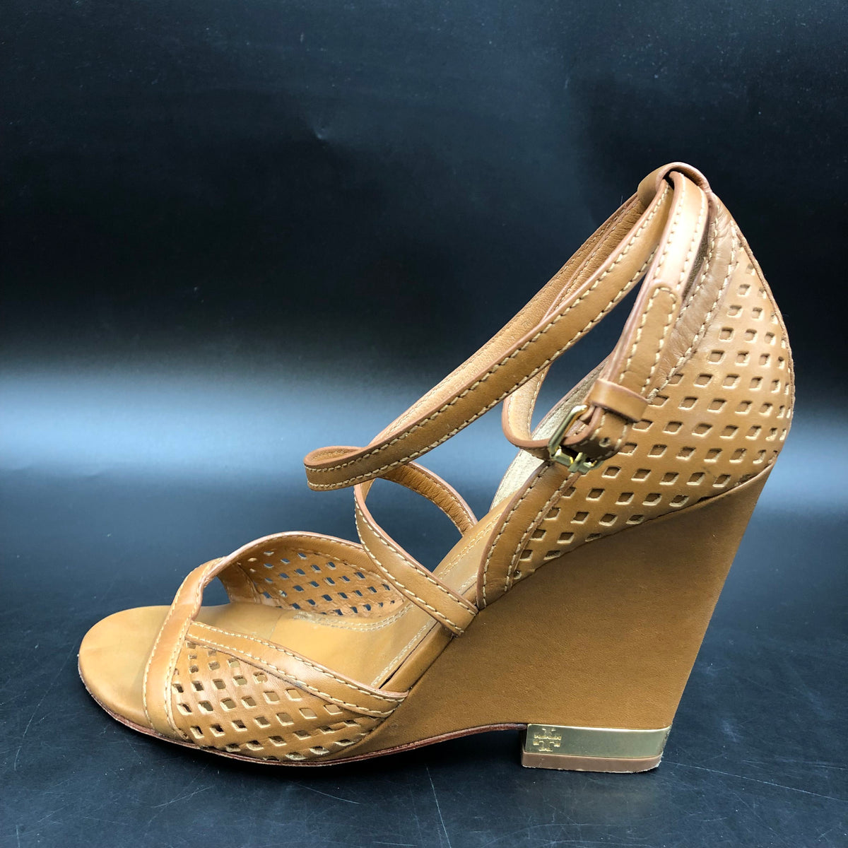 Tory Burch Gigi Light Brown Leather Peep Toe Wedge Sandals Size 7 COA