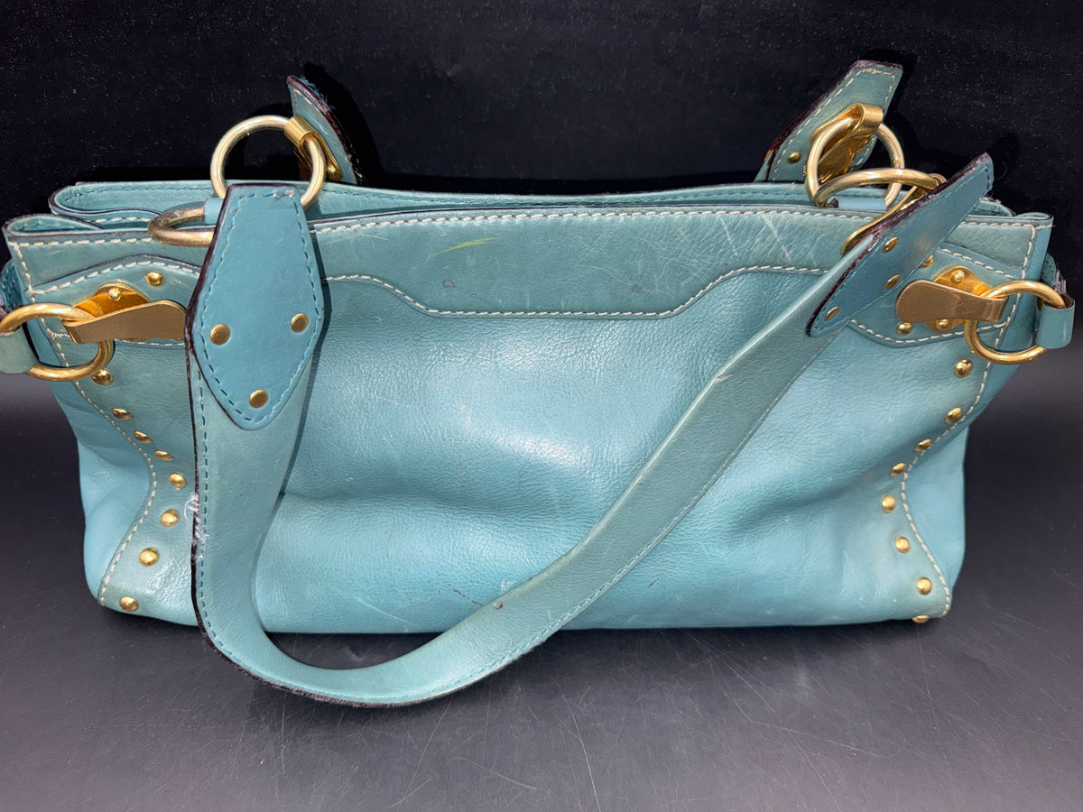 Michael Kors Blue Leather Studded Satchel Shoulder Bag Gold Hardware COA