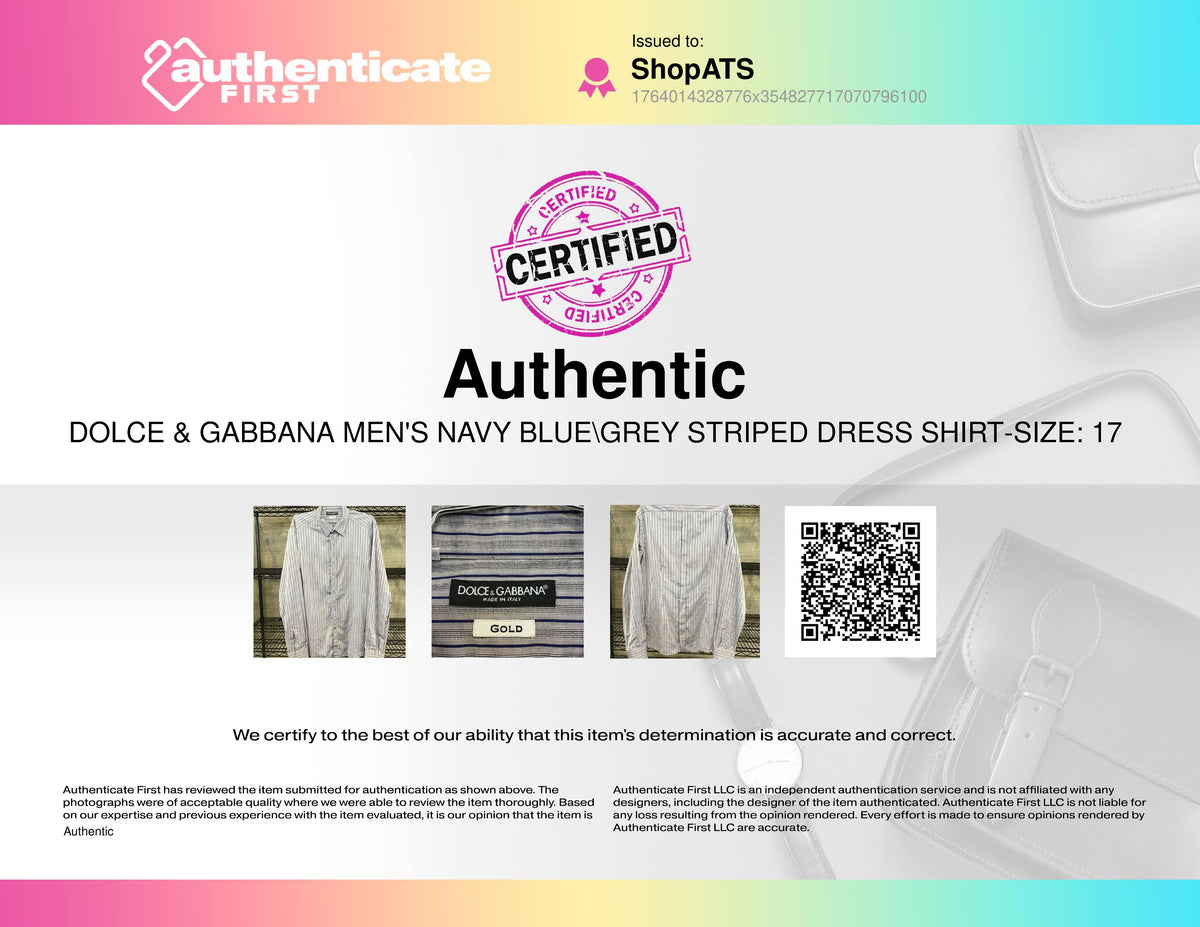 Dolce & Gabbana Men's Navy Blue\Grey Striped Dress Shirt-Size: 17 (+COA)