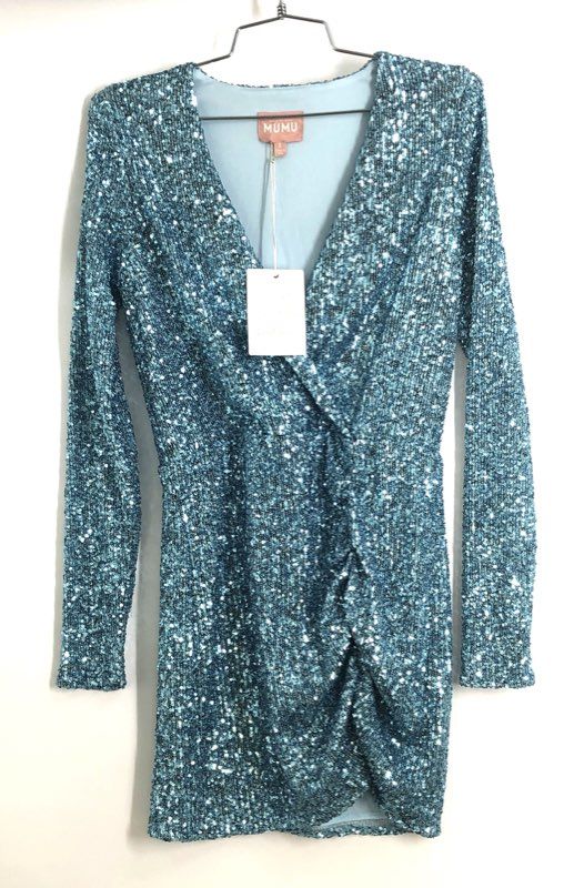 Show Me Your Mumu Party Hop Blue Sequin Long Sleeve Mini Dress Sz S NWT