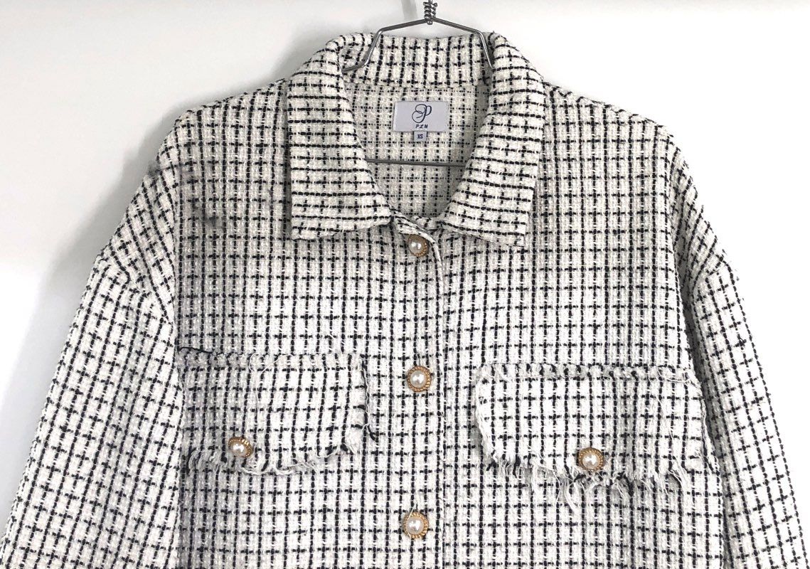 P PLM Women's White Black Tweed Grid Pearl Buttons Fringed Shacket Jacket Sz XS