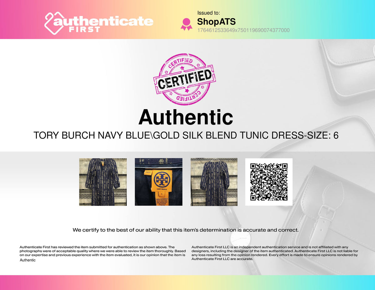 Tory Burch Navy Blue\Gold Silk Blend Tunic Dress-Size: 6 (+COA)