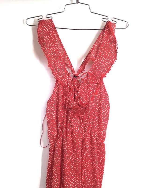 Bahia Women's Red Polka Dot Talia Beach Maxi Dress Ruffle Lace Up NWT Size M