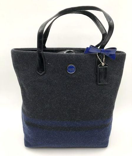 Coach Black Blue Signature Striped Wool North South Tote Bag COA F24665