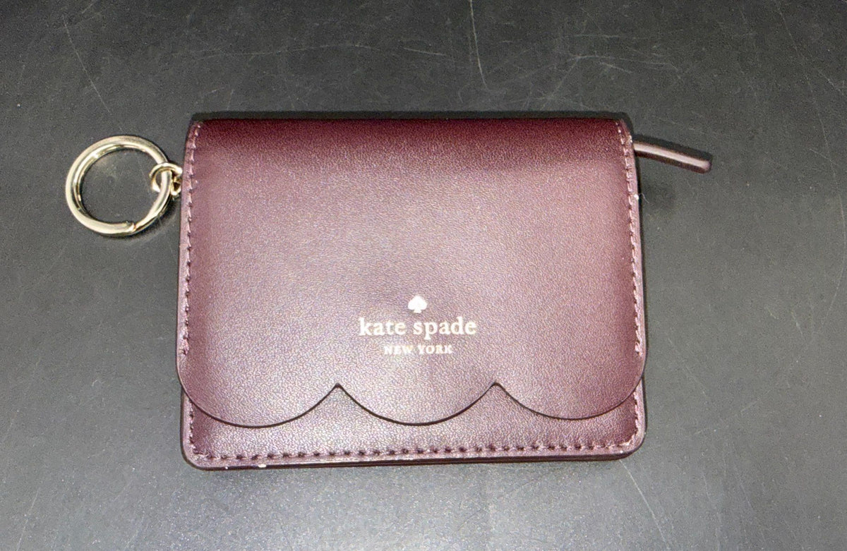 Kate Spade Burgundy Plum Scallop Leather Card Case Keychain Wallet Pink Interior