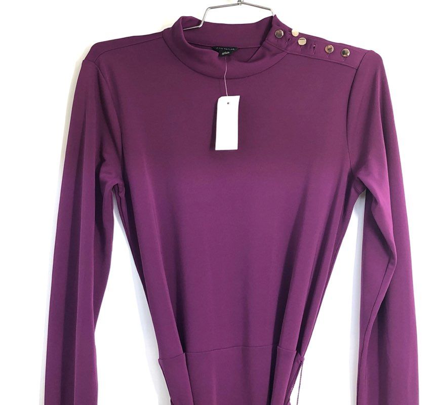 Ann Taylor Women's Purple Mock Neck Shoulder Button Belted Dress Sz 2 NWT