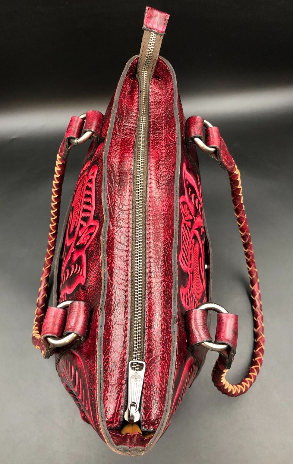 Patricia Nash Oxblood Red Tooled Leather Tote with Brushed Silver-Tone Hardware