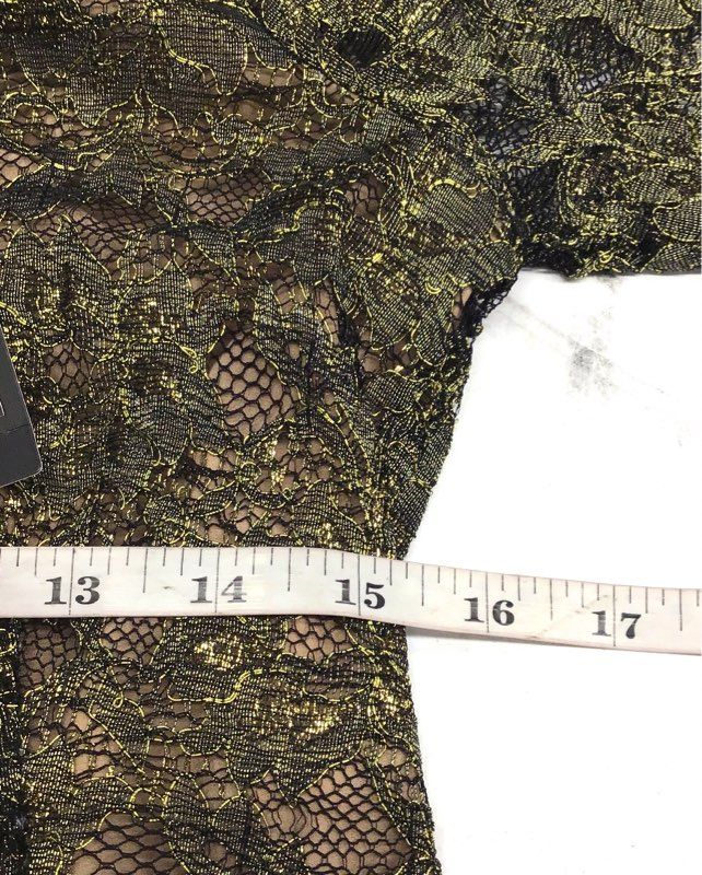 BCBG Maxazria Women's Black Gold Lace Peplum Puff Sleeve Blouse Sz 4 NWT