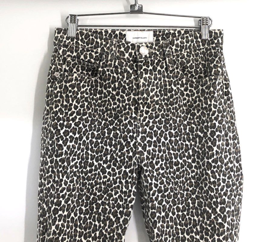 Current/Elliott Women's Snow Leopard Highwaist Stiletto Slit Step Hem Jeans 26