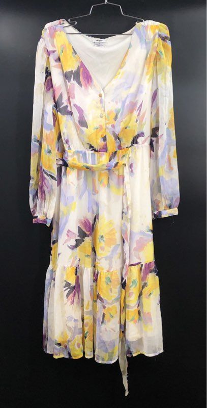 DKNY Women's Multicolor Floral Long Sleeve Belted Tiered Midi Dress NWT Sz 16