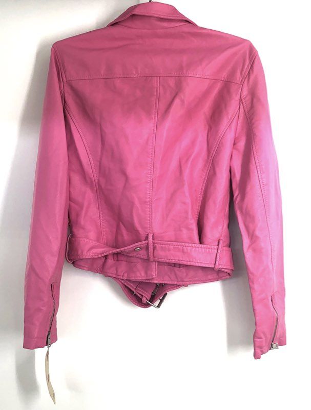 Levi Strauss Women's Pink Faux Leather Moto Biker Jacket Belted Coat Sz S NWT