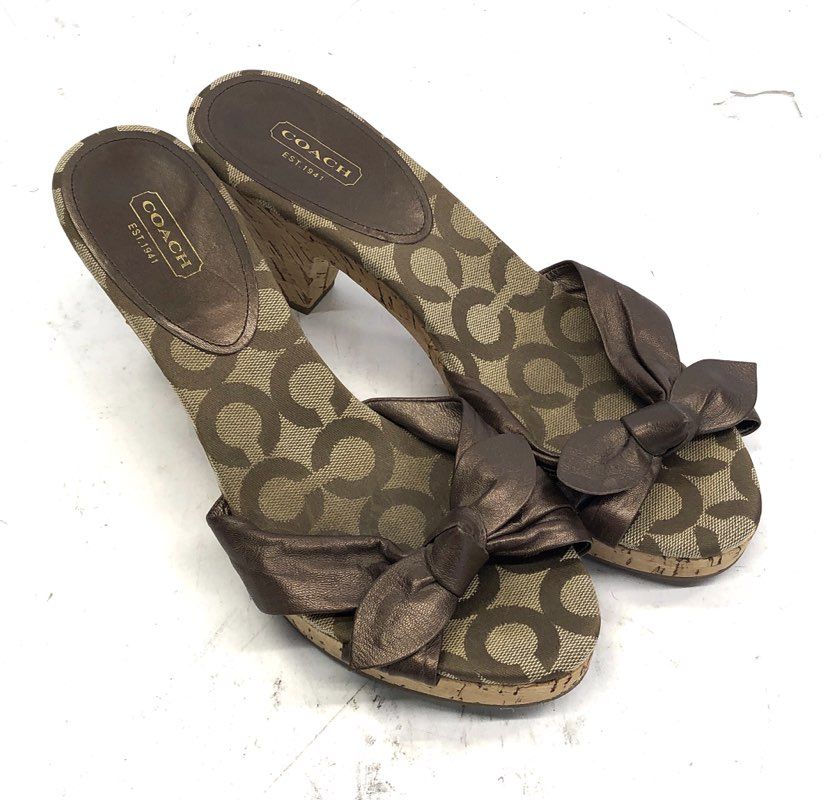 Coach Karen Signature Jacquard Metallic Bronze Wedge Heel Sandals Size 10B