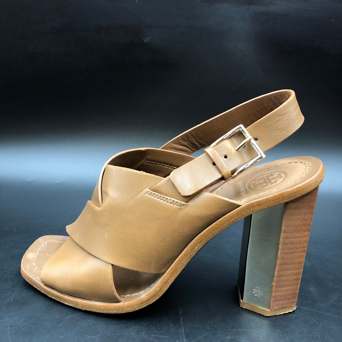 Tory Burch Brown Leather Cross Band Slingback Block Heel Sandals Size 7 COA