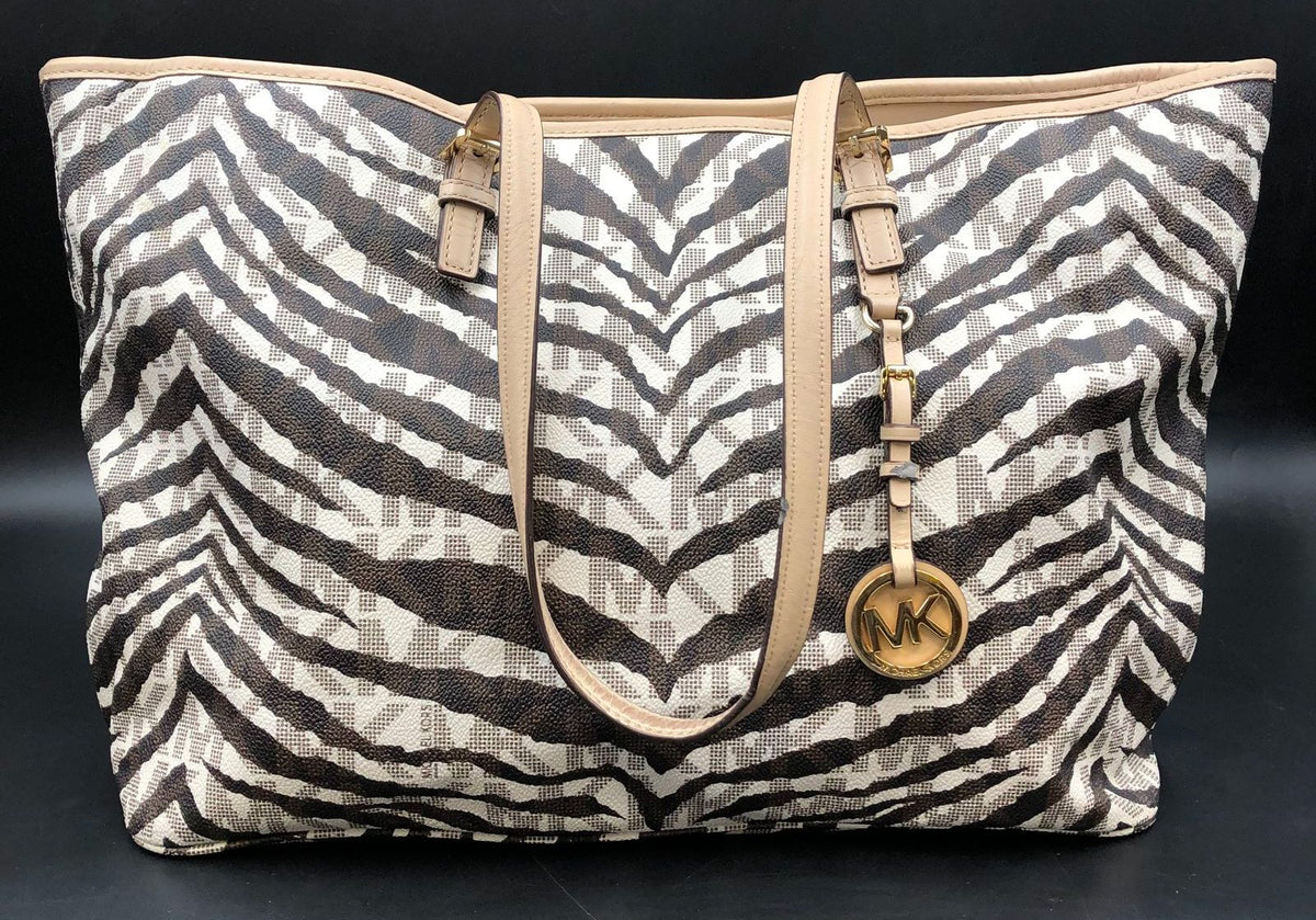 Michael Kors Cream White/Brown Signature Zebra Print Tote w/ Leather Trim (+COA)