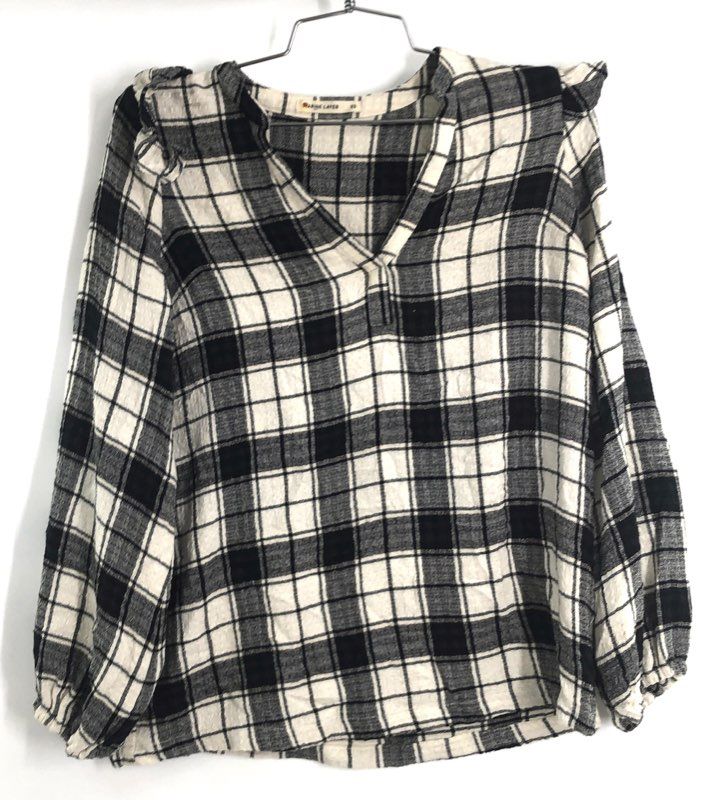 Marine Layer Women's Black White Plaid Ruffle V-Neck Long Sleeve Blouse Sz XS