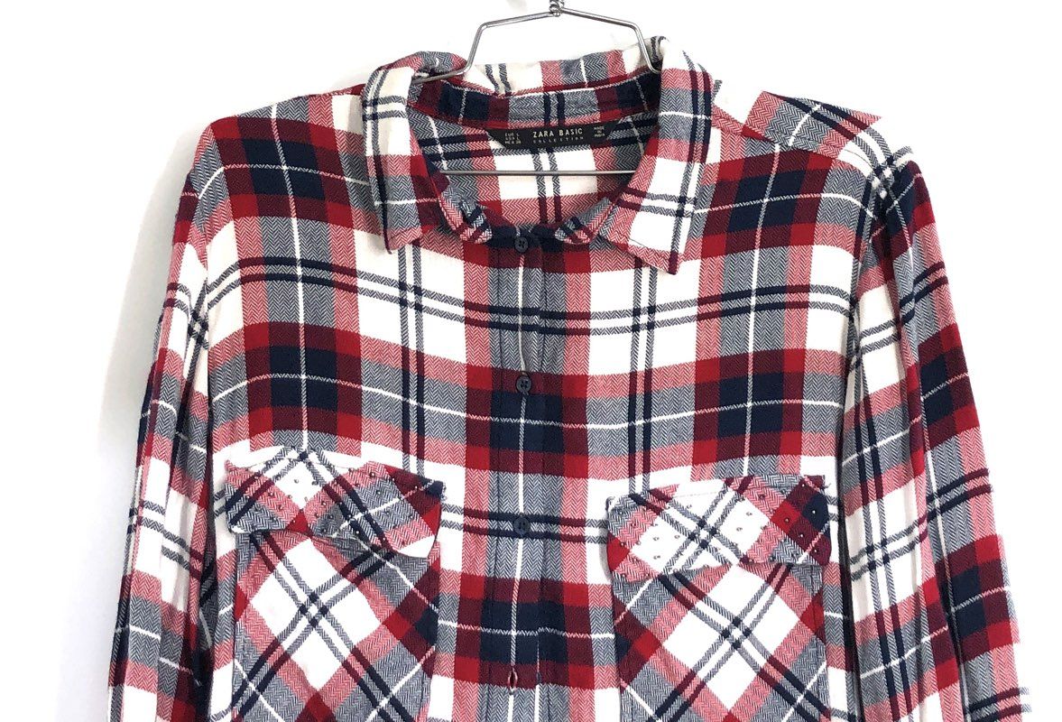 Zara Basic Women's Red Navy Blue Herringbone Plaid Flannel Shirt Studded Sz L