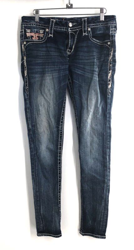 Rock Revival Women's Yui Skinny Jeans Blue Embellished Flap Pocket Sz 28