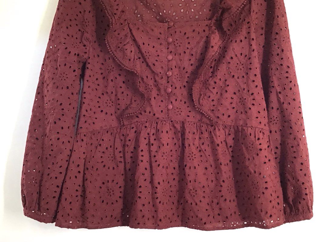 Madewell Women's Burgundy Eyelet Ruffle Peplum Blouse Sz XS