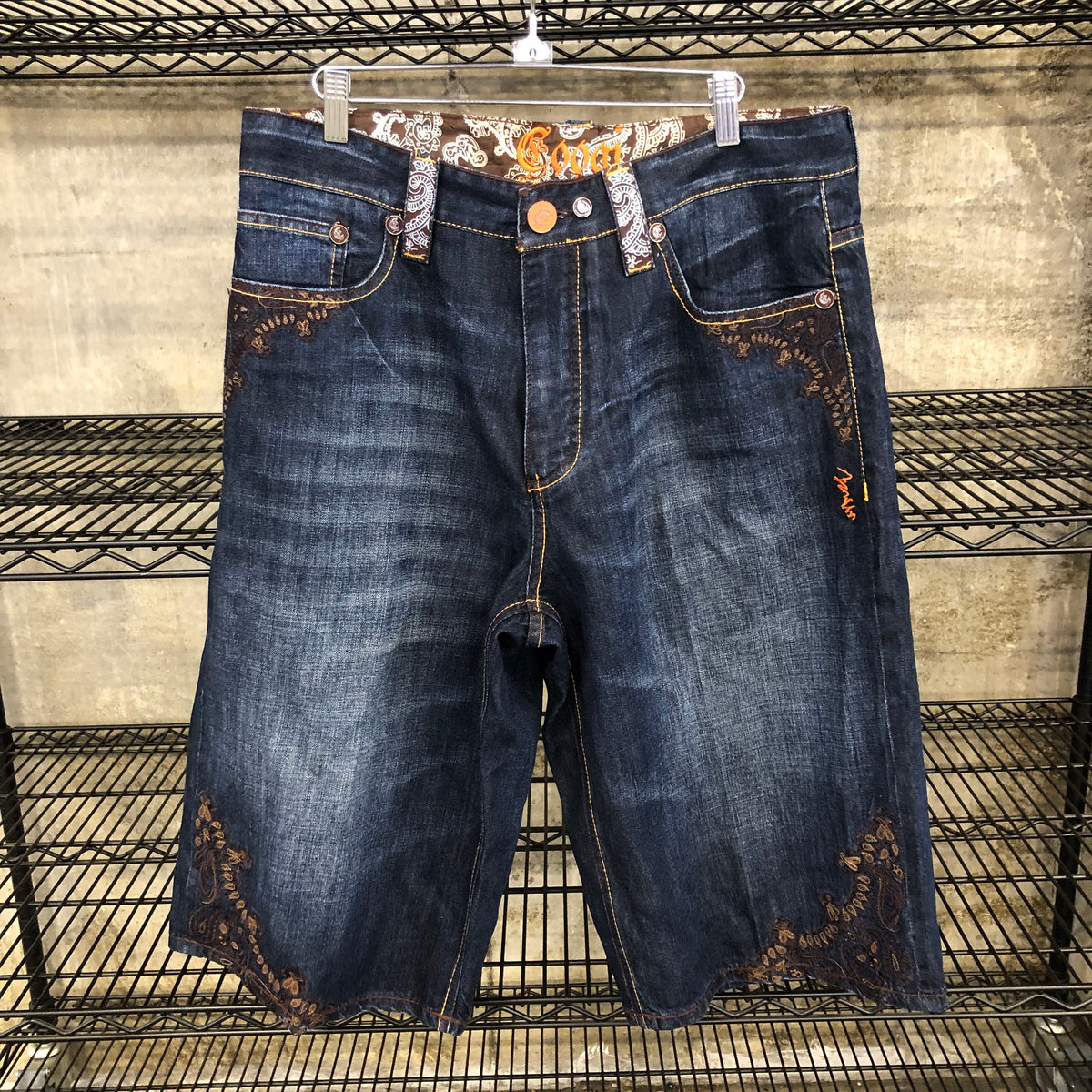 Coogi Men's Indigo Blue Denim Shorts with Orange Embroidery - Size 34