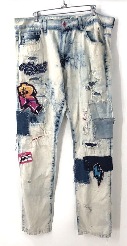 Smoke Rise Men's Jeans Acid Wash Blue Patchwork Distressed Graphic Sz 36x34