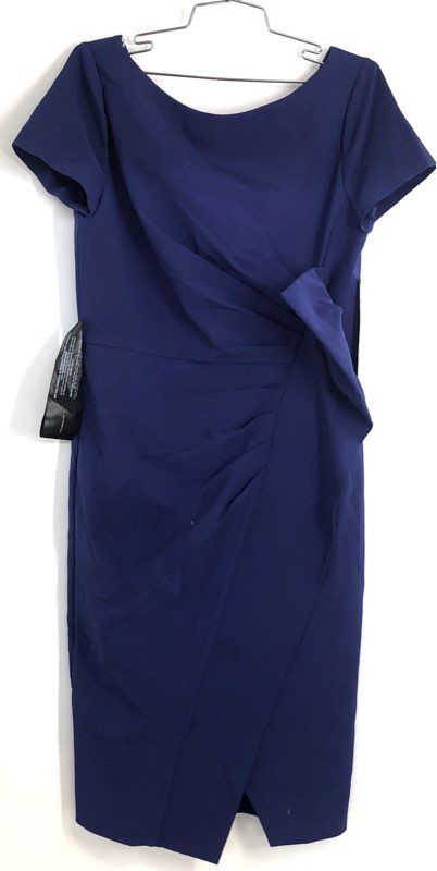 Kay Unger Women's Cobalt Farah Midi Dress Short Sleeve Ruched Draped Blue Sz 10