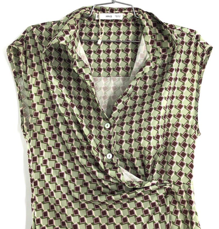 MNG Women's Green Brown Geometric Print Sleeveless Draped Front Dress Sz 4