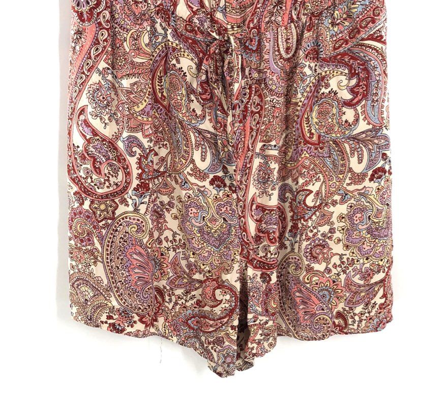 Mango MNG Women's Red Paisley Short Sleeve Half Zip Drawstring Romper Size M