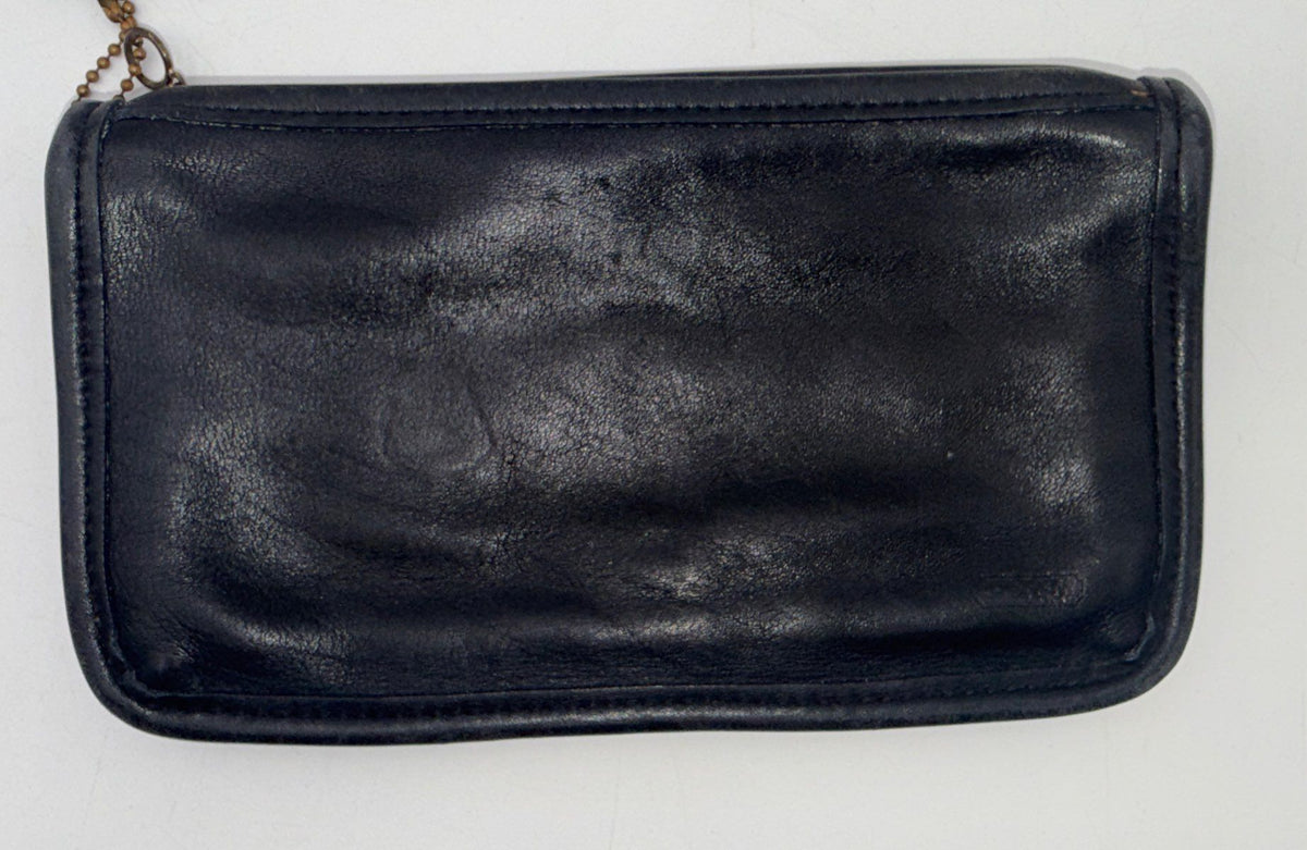 Vintage Coach Black Leather Legacy Pouch Clutch Bag Striped Lining Brass
