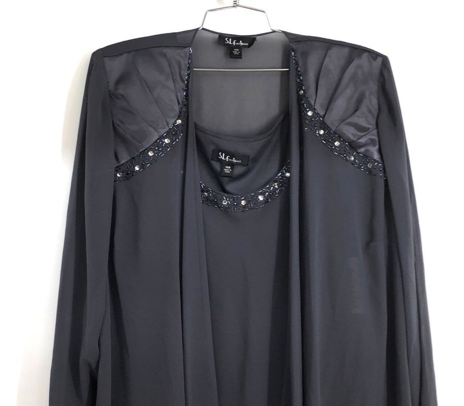 S.L. Fashions Women's Steel Gray 2 Piece Chiffon Beaded Dress Set NWT Sz 14W