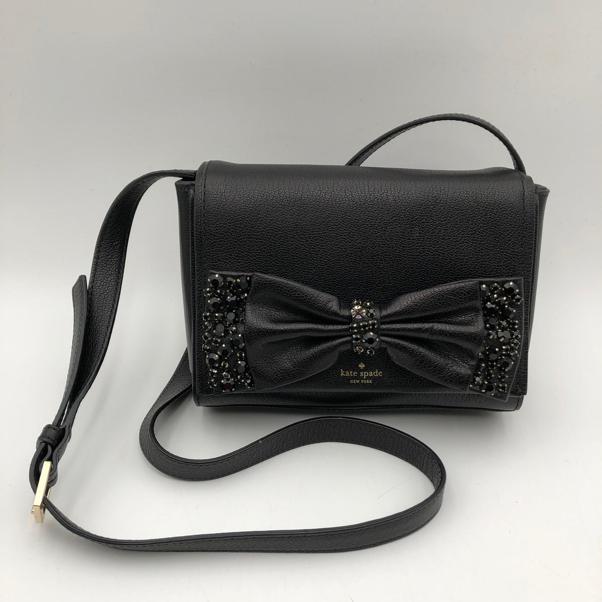 Kate Spade Black Leather Millie Bow Crossbody Bag Gold Hardware COA