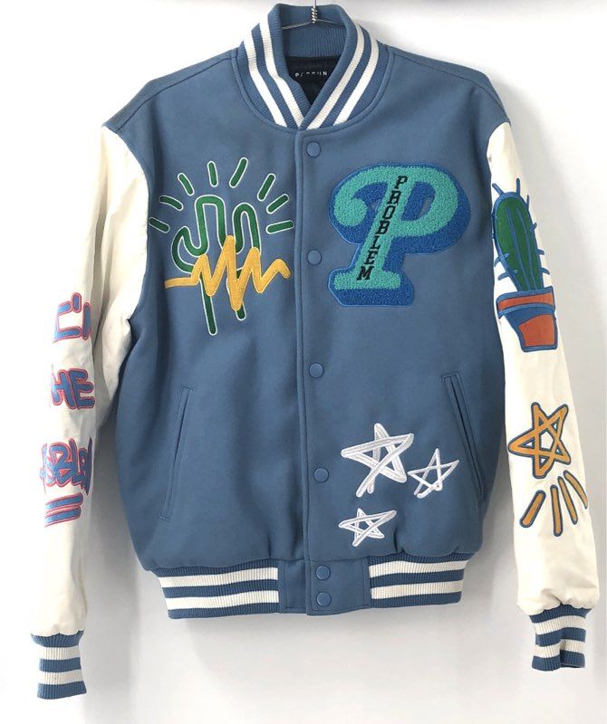 Pacsun Men's Downstream Problem Varsity Jacket Blue Cream Embroidered Size S