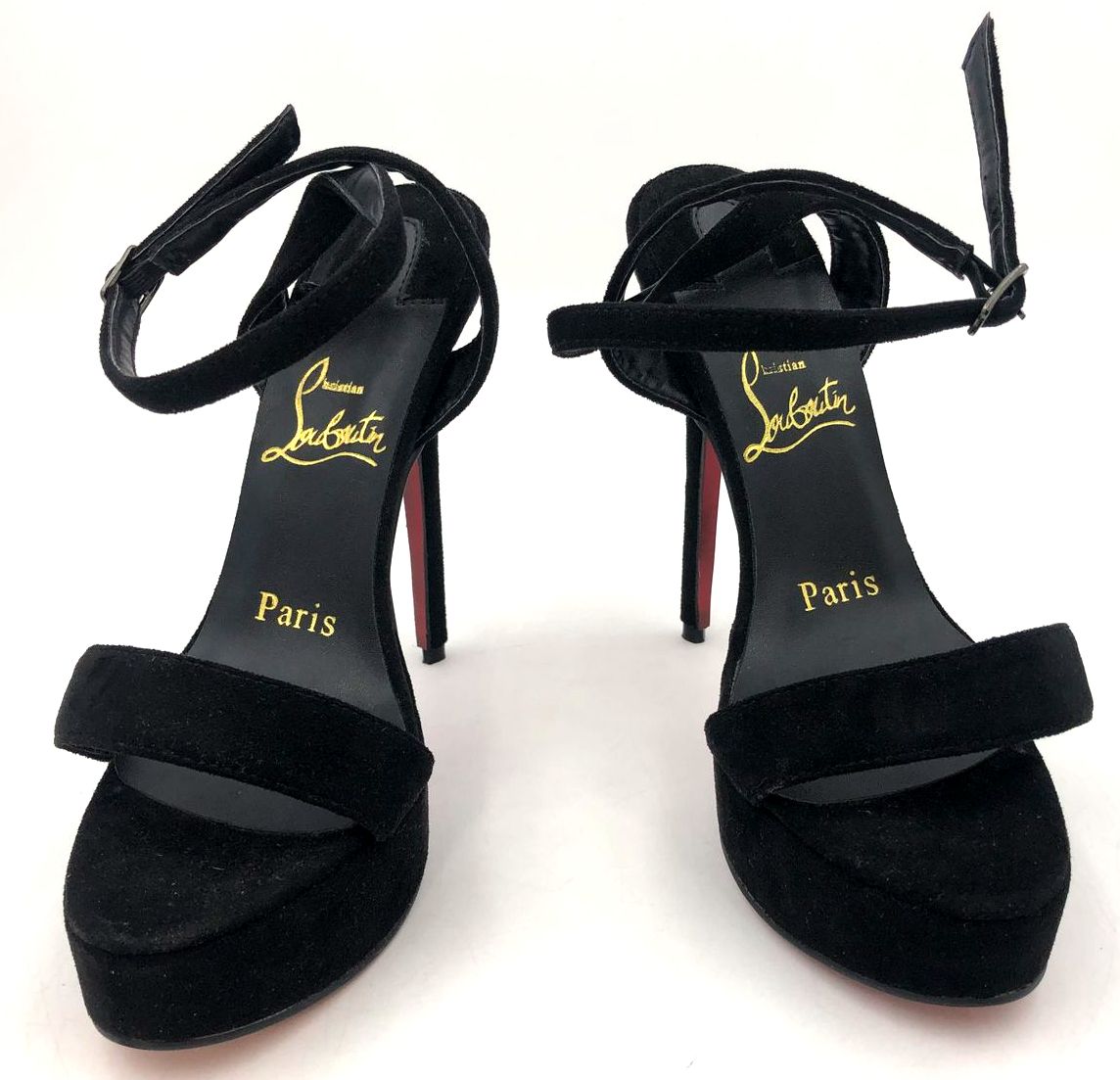 Christian Louboutin Inspired Women's Black Velvet Red-Sole Heels - Size 35