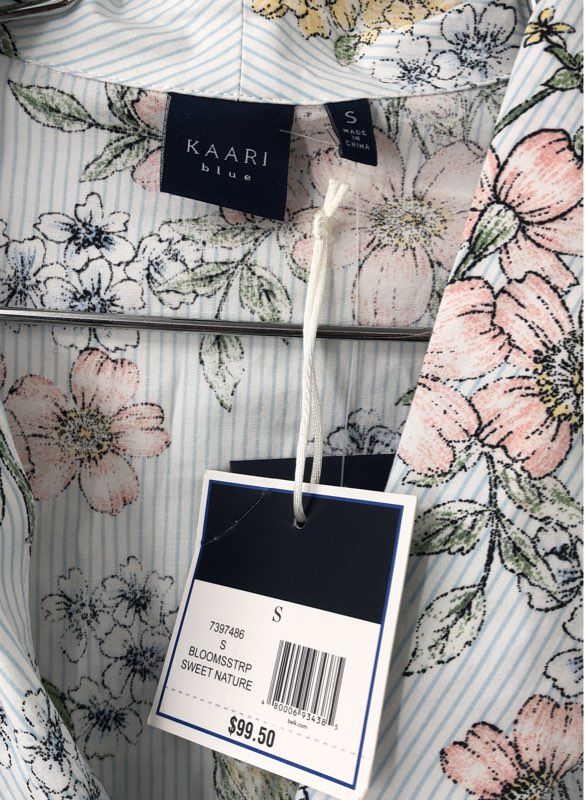 Kaari Blue Women's NWT Shirt Dress Blue White Floral Striped Tie Front Size S