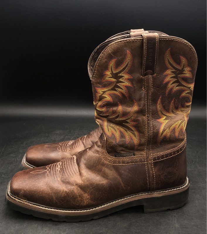 Justin Stampede WK4689 Brown Leather Waterproof Square Toe Work Boots Size 13EE