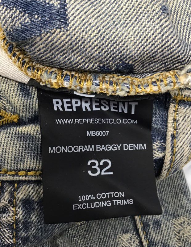 Represent Men's R3 Monogram Baggy Denim Blue Acid Wash Jeans Size 32