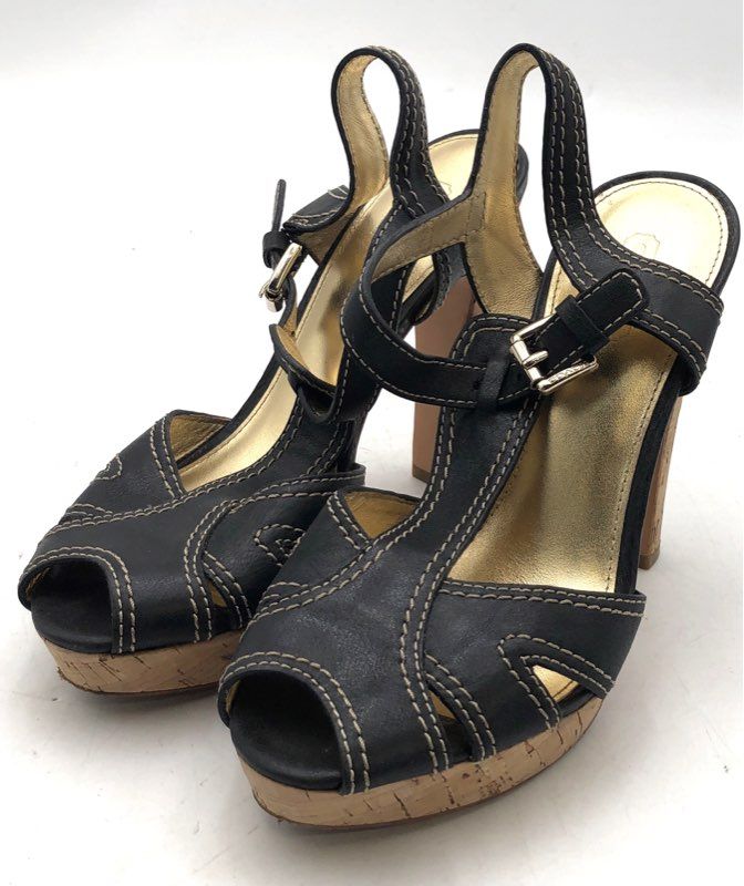 Coach Black Leather T-Strap Cork Platform Block Heels Women's Size 7B