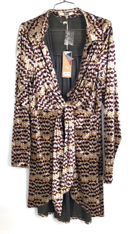Gimmicks Women's Purple Gold Geometric Print Tie Front Velour Tunic Dress NWT L