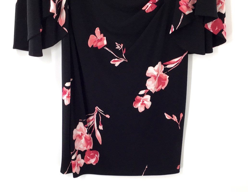 Lauren Ralph Lauren Women's Dress Black Pink Floral Bell Sleeve Sheath Sz 4 NWT